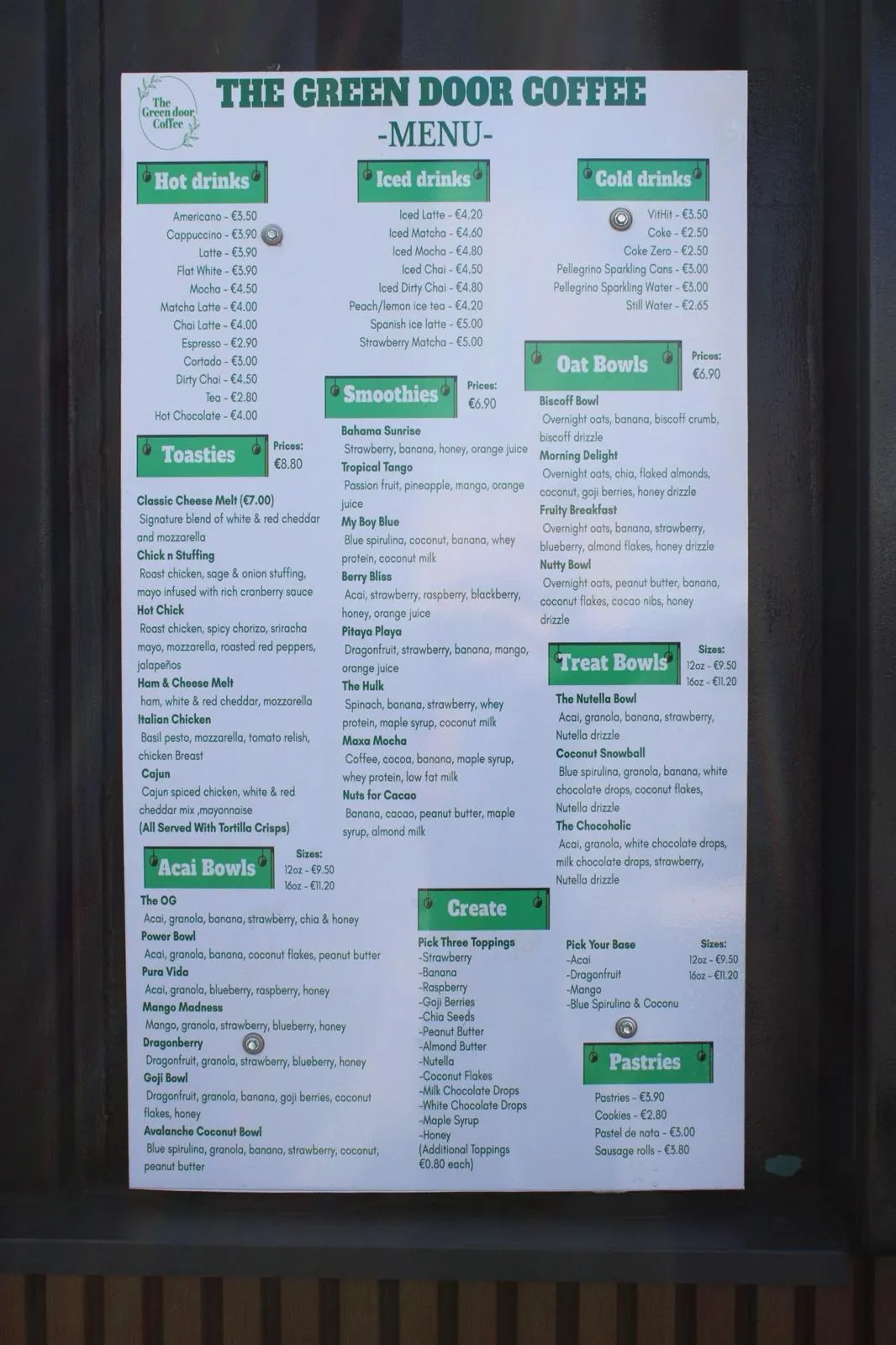The Green Door Coffee menu board